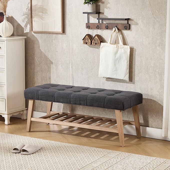 Kmax Entryway Bench with Shoe Storage, Fabric Upholstered Tufted Wood Storage Bench for Living Room Window Bench for Bedroom End of Bed - Linen, Charcoal