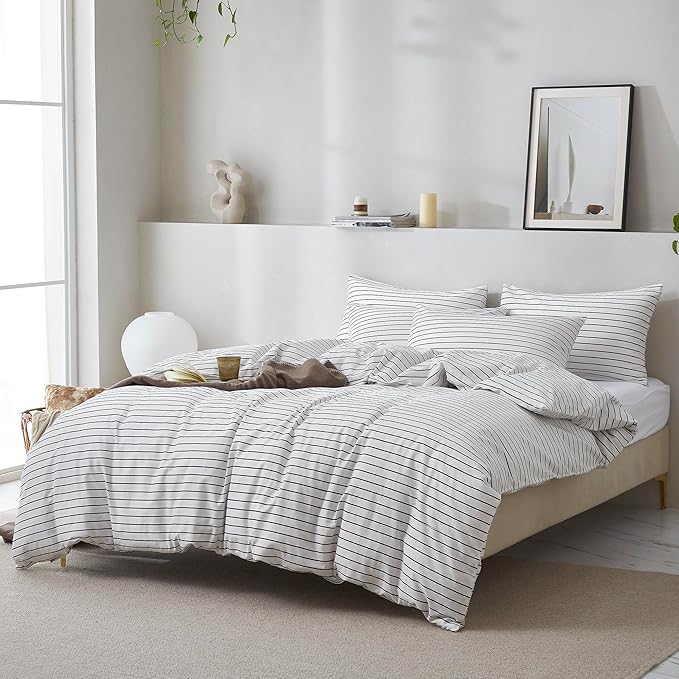 JELLYMONI 100% Natural Cotton 3pcs Striped Duvet Cover Sets, White Duvet Cover with Thin Black Stripes Pattern Printed Comforter Cover, with Zipper Closure & Corner Ties(Full Size)