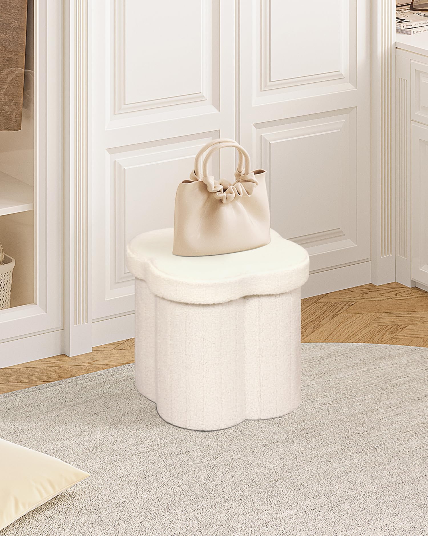 B FSOBEIIALEO Storage Ottoman Cube, Flowers Shaped Ottomans with Storage Foot Stool Footrest for Lving Room, Boucle Ottoman Seat for Dorm Room,Faux Teddy Fur,White 12.6"x12.6"x12.6" Dormly
