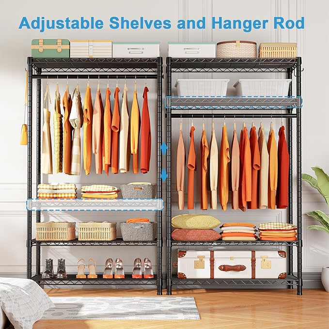 Ulif H4 Portable Closets, 4-Tier Metal Clothes Garment Rack for Bedroom and Cloakroom, Clothing Closet Storage and Organizer Wardrobe, 35.4" W x 14" D x 76.4" H, Black