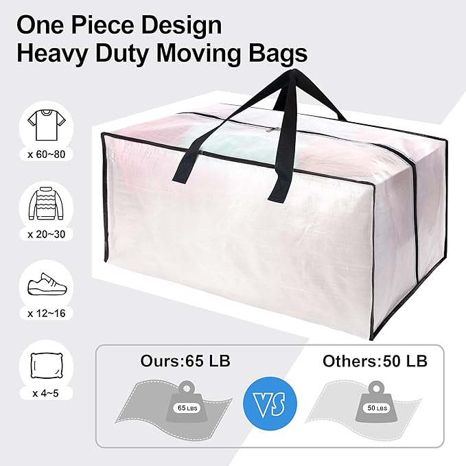 12 Pack Heavy Duty Large Moving Bags W/Backpack Straps - Strong Handles & Zippers, Storage Totes For Space Saving, Fold Flat, Alternative to Moving Box and Storage Bin, Semi-Transparent