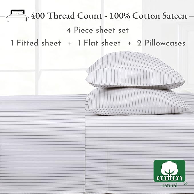 California Design Den Full Size Bed Sheets Set - 400 Thread Count Sateen, Natural 100% Cotton Sheets Full Size, Deep Pocket and Durable Bedding Set - Pinstriped CaliforniaDesignDen