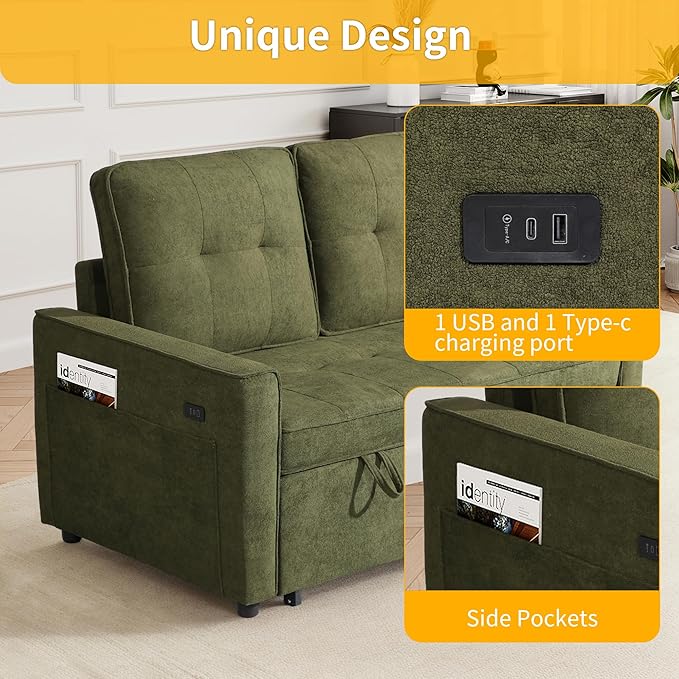 EJUNQ Pull Out Couch, Convertible Sofa Bed with USB and Reclining Backrest, Modern 3 in 1 Sleeper Sofa Couch Bed with Side Pockets, Comfortable Loveseat Sleeper for Small Spaces.(Green)