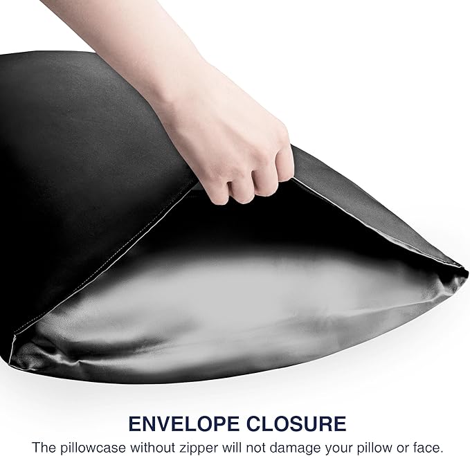 EXQ Home Silky Satin Pillowcase for Hair and Skin,Pillow Cases Standard Size Set of 2 Satin Pillow Case 2 Pack with Envelope Closure Black (Standard)