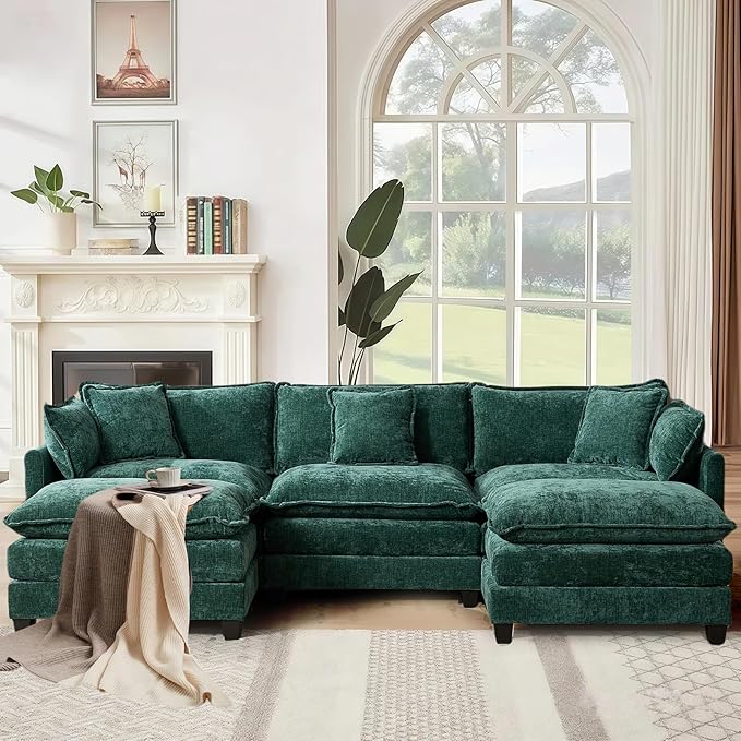 SoarFlash 113.78" Chenille Sectional Sofa, Comfy U Shaped Modular Coush Sofa with Ottoman, Modern 4 Seat Couch Deep Seat Sofa Set for Living Room,Green