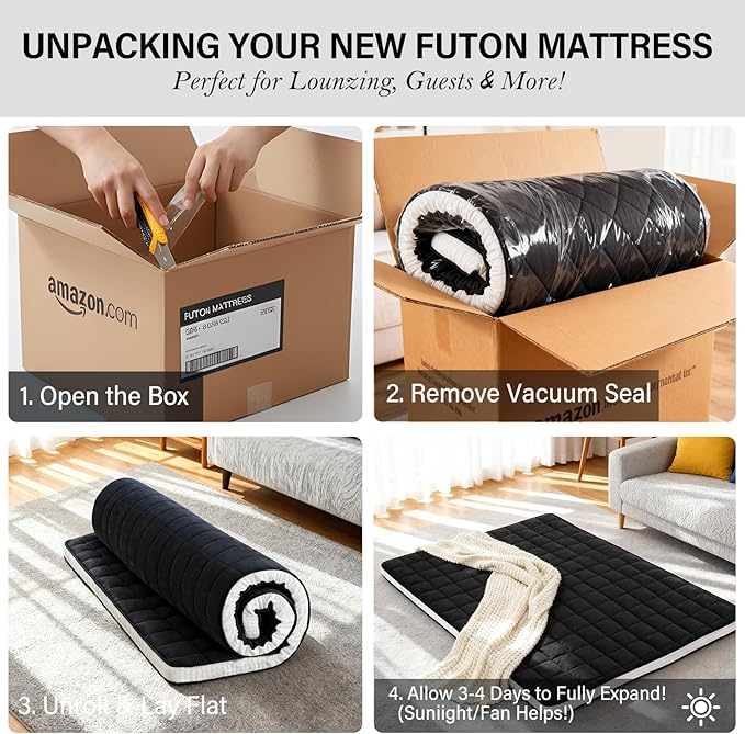 Tiita Japanese Floor Mattress, 4” Thicken Futon Mattress with Storage Bag and 2 Straps， Twin Size Sleeping Tatami Mat for Adults，Black