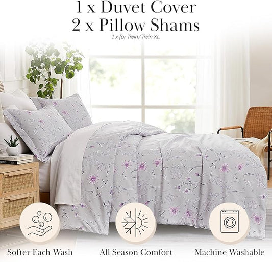 Southshore Fine Living, Inc. Floral Duvet Cover Set - Premium Quality Microfiber Twin/Twin XL Bedding, Easy Care - 1 Duvet Cover, 1 Sham - Secret Meadow Grey