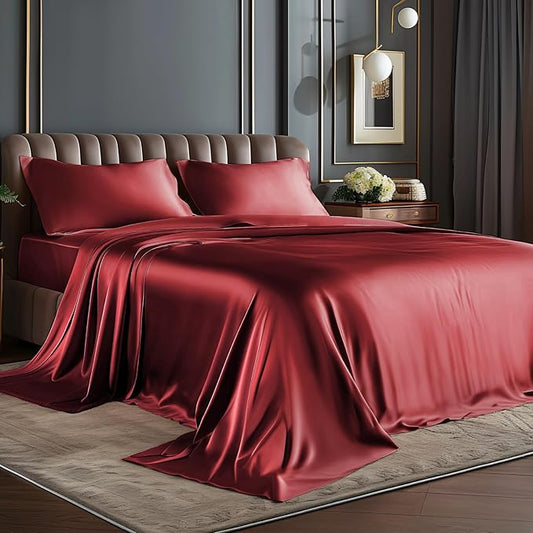 BEDELITE Satin Sheets Queen Size Bed Set, Luxury Soft Burgundy Silky Sheets for Hair and Skin, Similar to Silk Bed Sheets Set 4 Pieces （1 Deep Pocket Fitted Sheet, 1 Flat Sheet, and 2 Pillowcases）
