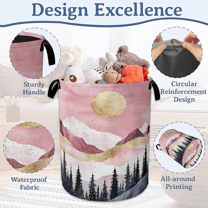 Mountains Laundry Basket,Foldable Oxford Cloth Sun Forest Golden Pink Laundry Hamper with Handles, 20.8"x16" Tote Bag Clothes Storage Bucket for Laundry Room/Bathroom/Bedroom/Dormitories