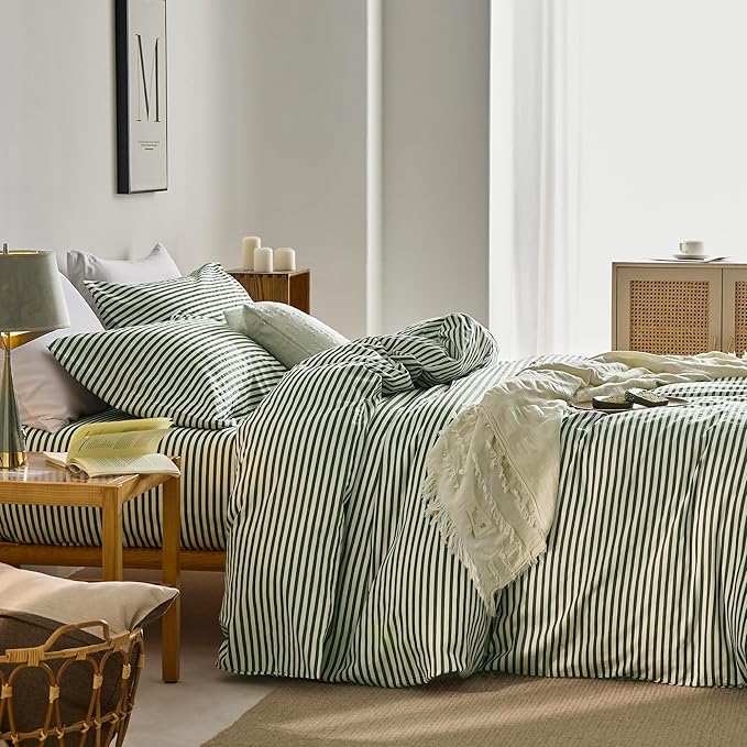 JELLYMONI 100% Natural Cotton Striped Duvet Cover Sets,White Duvet Cover with Green Stripes Pattern Printed Comforter Cover,with Zipper Closure & Corner Ties(Twin 66×92 Inch)