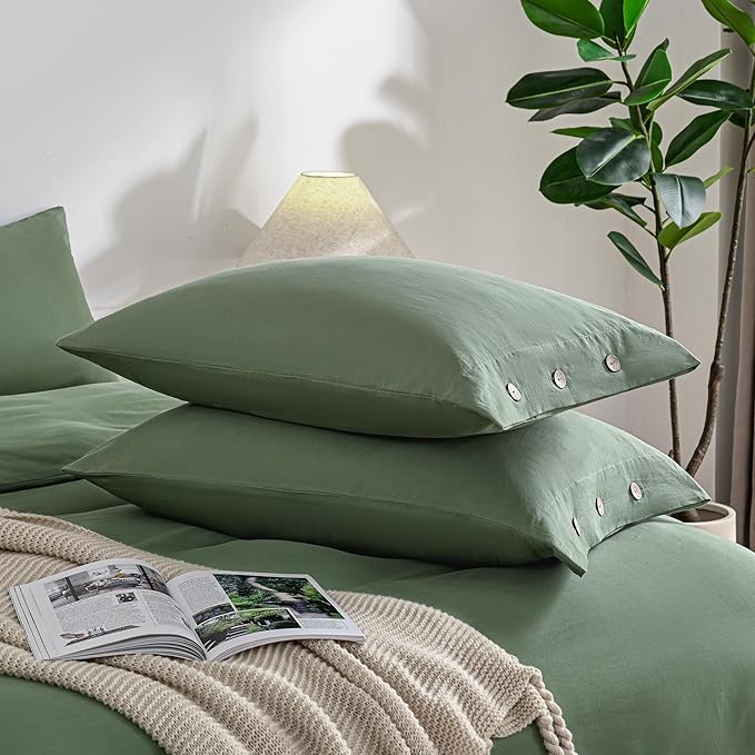 JELLYMONI Pillowcases Queen Set of 2 Cotton Button Pillow Covers 20×30in Green Bed Pillow Cases 100% Washed Cotton Soft Breathable (Pillows are not Included)