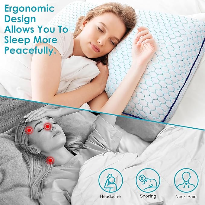 Memory Foam Pillows for Side, Set of 2, Back and Stomach Sleepers, Bed Pillow with Breathable Mesh and Washable Cover, Bed Pillow for Sleeping (Blue, Queen Size)