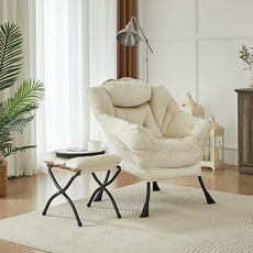 HollyHOME Lazy Chair with Foldable Ottoman, Accent Comfy Lounge Armchair and Folding Footrest Stool, Leisure Sofa Reading Chair and Footstool for Living Room, Bedroom, Dorm,Velvet Beige