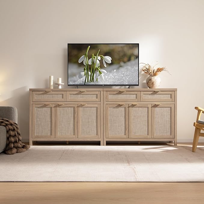 SICOTAS Rattan Sideboard Buffet Cabinet with Storage, Boho Credenza Accent Cabinet with 3 Doors and 2 Drawers, Farmhouse Console Coffee Bar for Kitchen, Living Room, and Entryway, Light Oak
