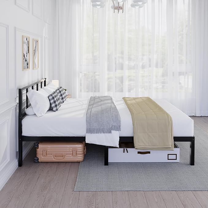 14 Inch Bamboo Bed Frame – Solid Wood Platform Bed Frame, Strong and Stable, with Non-Slip Slats for Support, No Box Spring Needed, Easy to Assemble, Noise-Free (Black, Twin with Headboard)