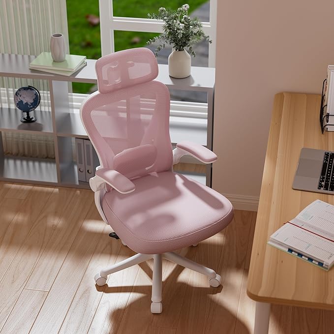 Ergonomic Office Chair M903, Computer Desk Chair with Wheels, High Back Mesh Office Chair with Adjustable Lumbar Support, Headrest, Flip-Up Armrests, Pink