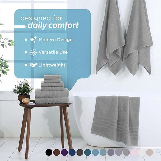 Martex 6-Piece Towel Set – Ultimate Performance – 100% Cotton – 2 Bath Towels – 2 Hand Towels – 2 Wash Cloths – Versatile – Low-Linting – Supersoft & Absorbent Bathroom Set – Easy Care – Monument Gray