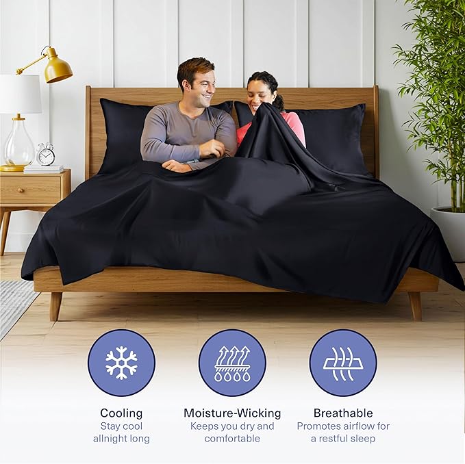 Kickoff Viscose Bamboo Sheets Queen Size 4-pc 100% Organic Bamboo Viscose Bed Cooling Sheets Queen Size Set Cool Bedding for hot Sleepers Sheet, Flat, Fitted, Pillowcases (Black, Q) KickoffHome