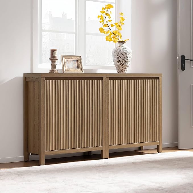 SICOTAS Sideboard Buffet Cabinet with Storage, Fluted Credenza Console Cabinet with Adjustable Shelves, Farmhouse Coffee Bar Storage Cabinets for Kitchen, Living Room, Entryway, Caramel Oak