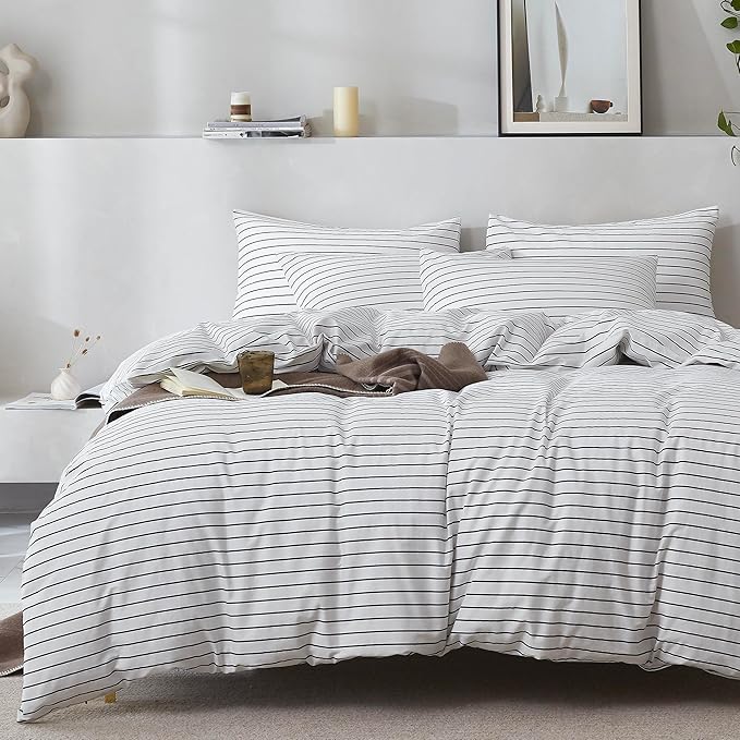 JELLYMONI 100% Natural Cotton 3pcs Striped Duvet Cover Sets, White Duvet Cover with Thin Black Stripes Pattern Printed Comforter Cover, with Zipper Closure & Corner Ties(Full Size)