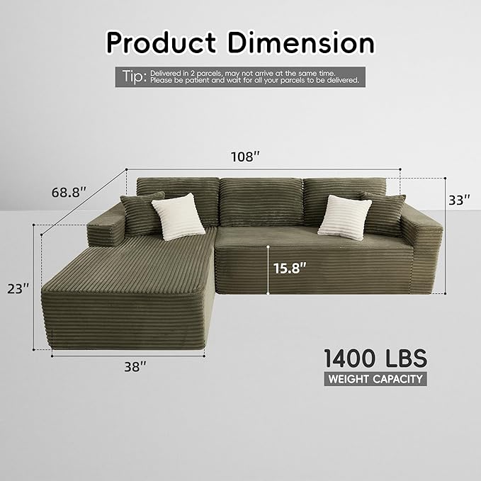 108" Boneless Couches for Living Room, Modular Sectional Sofa with Oversized Chaise, L-Shape Cloud Couch with Deep Seat, High-Density Memory Foam, No Assembly Required, Plush Corduroy Green