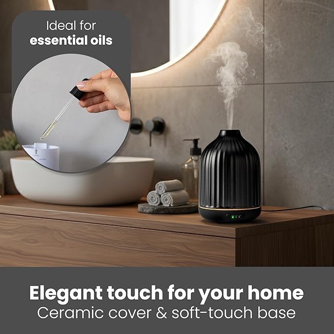 MALMØ Ceramic Diffuser (250ml) - Essential Oil Diffuser Black - Aromatherapy Diffuser - Non Toxic Oil Diffuser for Home