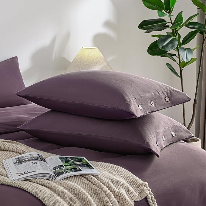 JELLYMONI Pillowcases Standard Set of 2 Cotton Button Pillow Covers 20×26in Purple Bed Pillow Cases 100% Washed Cotton Soft Breathable (Pillows are not Included)