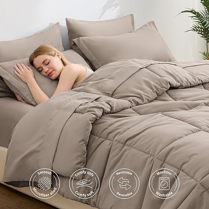 Love's cabin King Size Comforter Set Light Brown, 7 Pieces King Bed in a Bag, All Season Bedding Sets with 1 Comforter, 1 Flat Sheet, 1 Fitted Sheet, 2 Pillowcase and 2 Pillow Sham