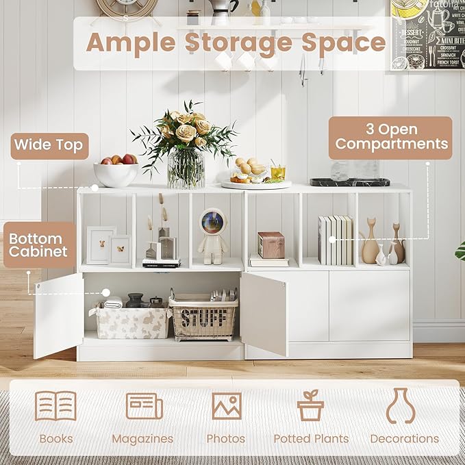 GOFLAME 3 Cube Bookcase with Doors, 3-Tier Cubby Book Shelf with 3 Open Compartments, Cabinet, Wooden Small Display Shelf, Freestanding Cubic Storage Organizer for Living Room, Study (1,White)
