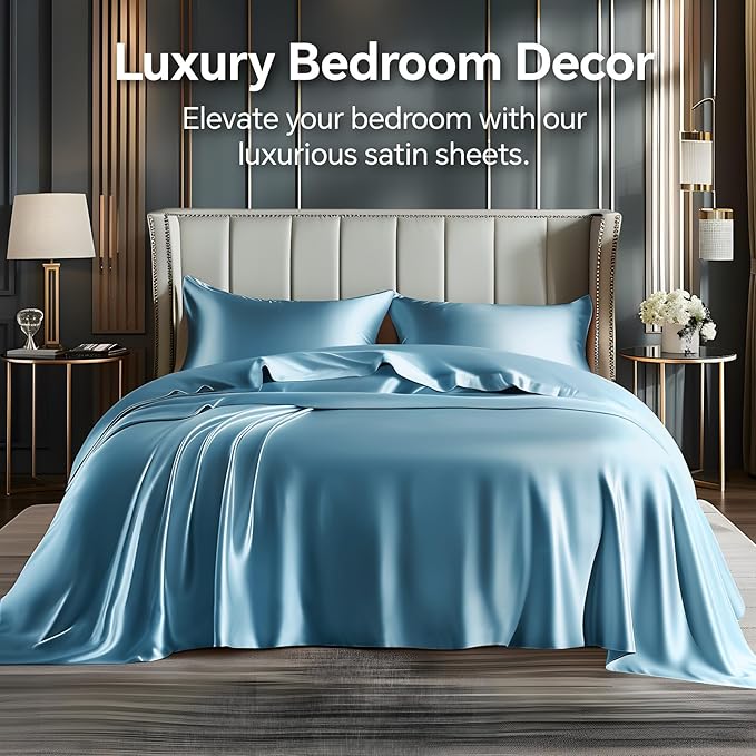 BEDELITE Satin Sheets Full Size Bed Set, Luxury Soft Airy Blue Silky Sheets for Hair and Skin, Similar to Silk Bed Sheets Set 4 Pieces with 1 Deep Pocket Fitted Sheet, 1 Flat Sheet, and 2 Pillowcases