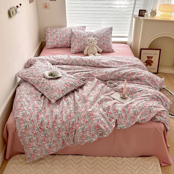 HighBuy Girl Duvet Cover Twin XL Pink Floral Bedding Set - Shabby Chic Boho Cotton Coquette Duvet Cover Set Twin Size - Comforter Cover Set,3 Piece Bed Set(1 Duvet Cover 68"x90" and 2 Pillow Shams)