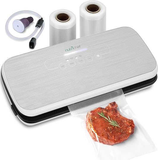 NutriChef Vacuum Sealer For Food - Automatic Air Sealing Machine for Dry & Moist Foods, LED Touch Controls, Includes Vacuum Bags, Hose & Wine Stopper, High Suction Power