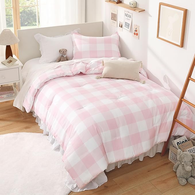 Andency Pink Checkered Comforter Queen(90x90Inch), Plaid Gingham Buffalo Plaid Grid Bedding Sets for Girls Kids Women Kids Teens, 3 Pieces Lightweight Microfiber Geometric Preppy Bed Set