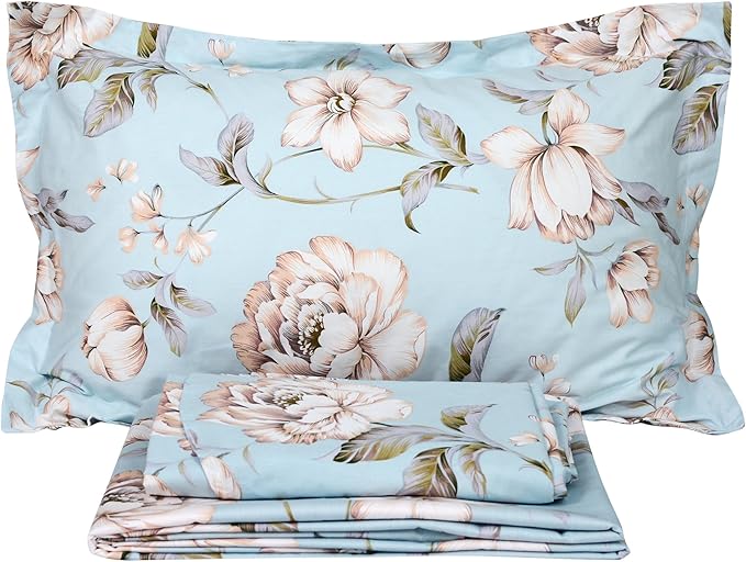 FADFAY Shabby Floral Bed Sheet Set Farmhouse Bedding Blue Cotton Winter Bedding Deep Pocket Sheets 4-Piece Full Size