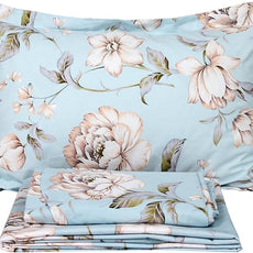 FADFAY Shabby Floral Bed Sheet Set Farmhouse Bedding Blue Cotton Winter Bedding Deep Pocket Sheets 4-Piece Twin Extra Long Size