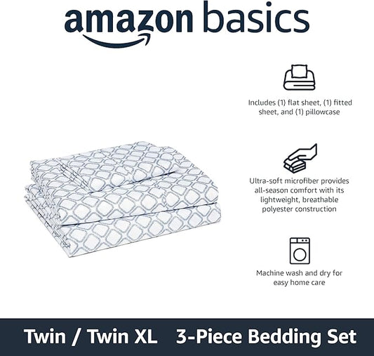 Amazon Basics Lightweight Microfiber 3-Piece Bed Sheet Set, Aqua, Printed, Twin XL AmazonBasics