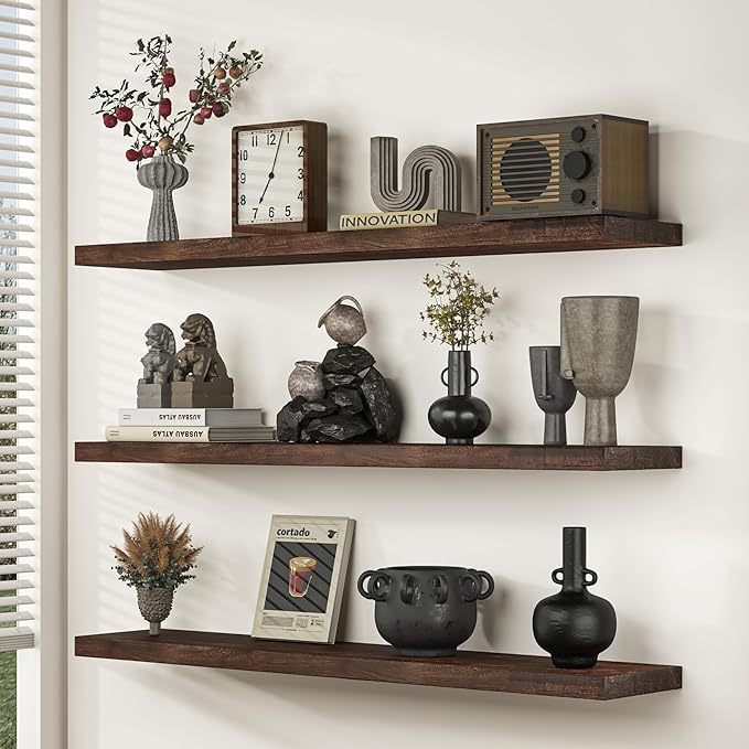 Fun Memories Floating Shelves for Wall, 48"x9.3" Rustic Solid Elm Wood Wall Shelves, Heavy-Duty Mounted Shelves with Invisible Brackets, Set of 2 for Living Room, Bedroom, Kitchen, Walnut Finish
