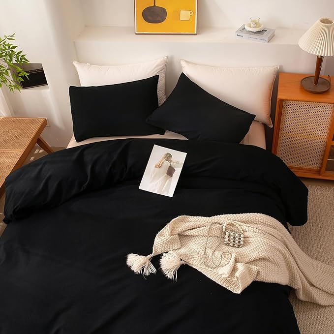 ECOCOTT Black Duvet Cover Oversized King Size - 100% Washed Cotton Durable Soft Comfy Duvet Cover Set, Lightweight and Breathable with Zipper Closure(120"x 98")