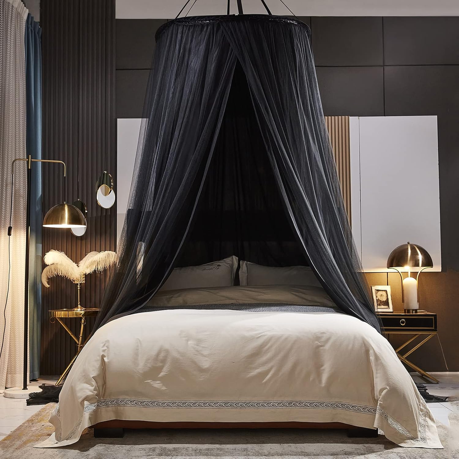 Kertnic Luxurious Bed Canopy for Girls & Adults - Double Layer Princess Canopy with Lace, Round Dome Mosquito Netting for Queen/King Bed Tent (Black) Dormly