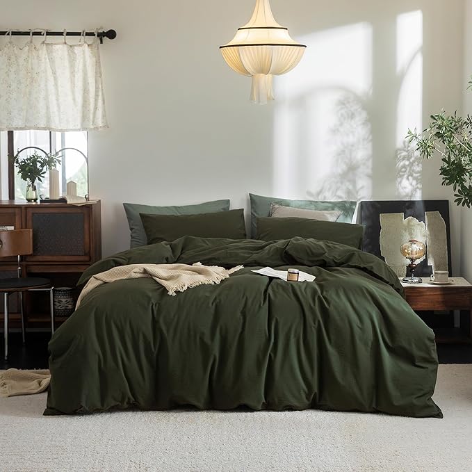 FOSSA Duvet Cover Set 100% Washed Cotton Linen Feel Super Soft Breathable Cozy Simple Style 3 Pieces Bedding Sets Solid Olive Green Super King Plus