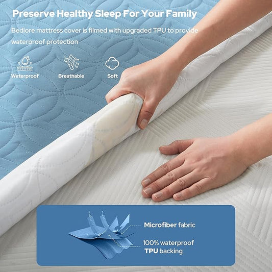 BEDLORE Waterproof Mattress Protector, Cal King Size Mattress Pad with Deep Pocket 6"-22" Depth, Soft Dirt-Proof Double Bed Mattress Cover for Bedroom, College Dorm, Hotel (Sky Blue)