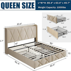 Queen Bed Frame with 4 Storage Drawers, Upholstered Platform Bed with Charging Station, Modern Wingback Storage Headboard, Easy Assembly,Noise-Free, Beige
