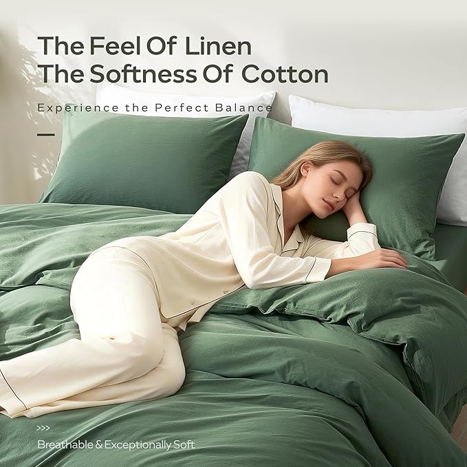 JELLYMONI Duvet Cover Full Size - Washed Cotton Comforter Cover with Linen-Like Texture,Breathable & Soft Bedding for Modern Home,Guest Room and Everyday Use,Dusty Green 1 Duvet Cover & 2 Pillowcases