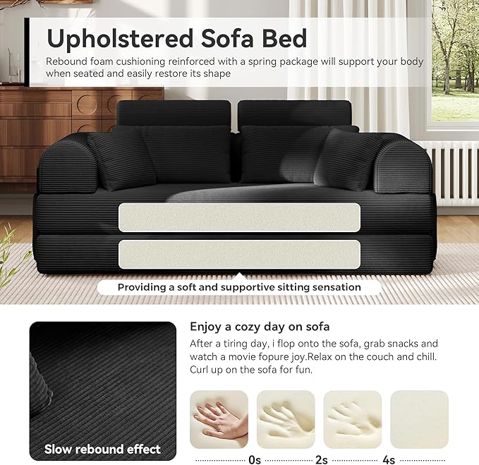 Upgrade High Backrest Design Sofa Bed with Fixed-Shape Frame & Removable Armrests and Backrest, Corduroy Fabric, Convertible Mattress Couch for Small Spaces - No Assembly Neede (High Backrest Black)