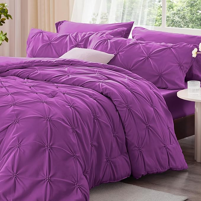 BEDELITE Purple King Size Comforter Set - 3 Pieces Boho Pintuck Bedding Comforter Sets, Lightweight Soft & Warm King Bedding Set with 2 Pillowcases for All Season