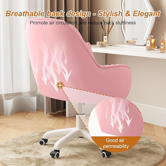 Cute Home Office Chair Velvet Upholstered Desk Chairs with Mid Back Swivel Adjustable Makeup Vanity Computer Chair with Wheels,Pink
