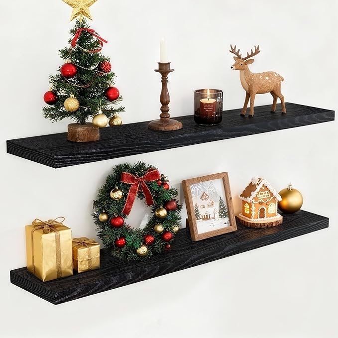 Fun Memories 55 Inch Floating Shelves for Wall Set of 2, 55x9.3 Large Floating Shelf for Bedroom, Kitchen, Bathroom, Wall Mounted Rustic Wood Shelves with Invisible Bracket for Books, Decor, Black