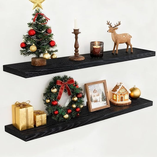 Fun Memories 55 Inch Floating Shelves for Wall Set of 2, 55x9.3 Large Floating Shelf for Bedroom, Kitchen, Bathroom, Wall Mounted Rustic Wood Shelves with Invisible Bracket for Books, Decor, Black
