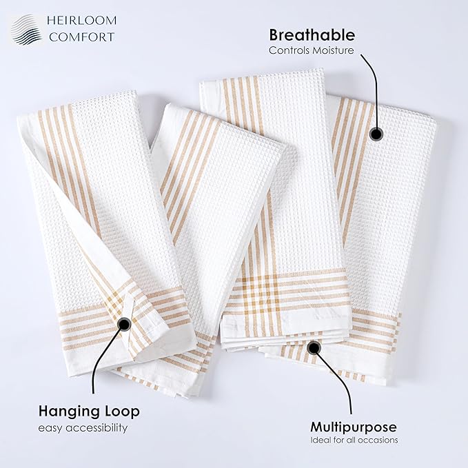 Beige and White Waffle Kitchen Towels 12 Pack, 100% Cotton, 16x26 Inch, Ultra Absorbent, Fast Dry Dish Towels, Reusable Dishcloths for Drying, Cleaning, Kitchen Use