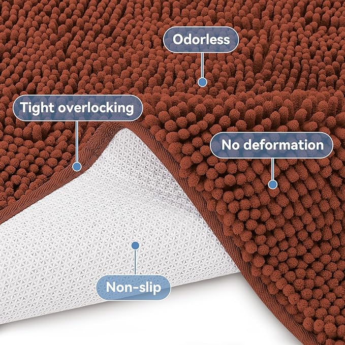 Bcoimo 24"×17" Absorbent Bath Mat, Non-Slip with Backing Chenille Bath Rug and Machine Washable Bathroom Mat Quick-Dry Design. Ideal for Bathroom and Tub Areas